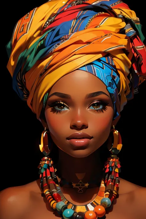 a woman with a colorful turban and a necklace, african queen, black african princess, african woman, black woman, stunning afric...