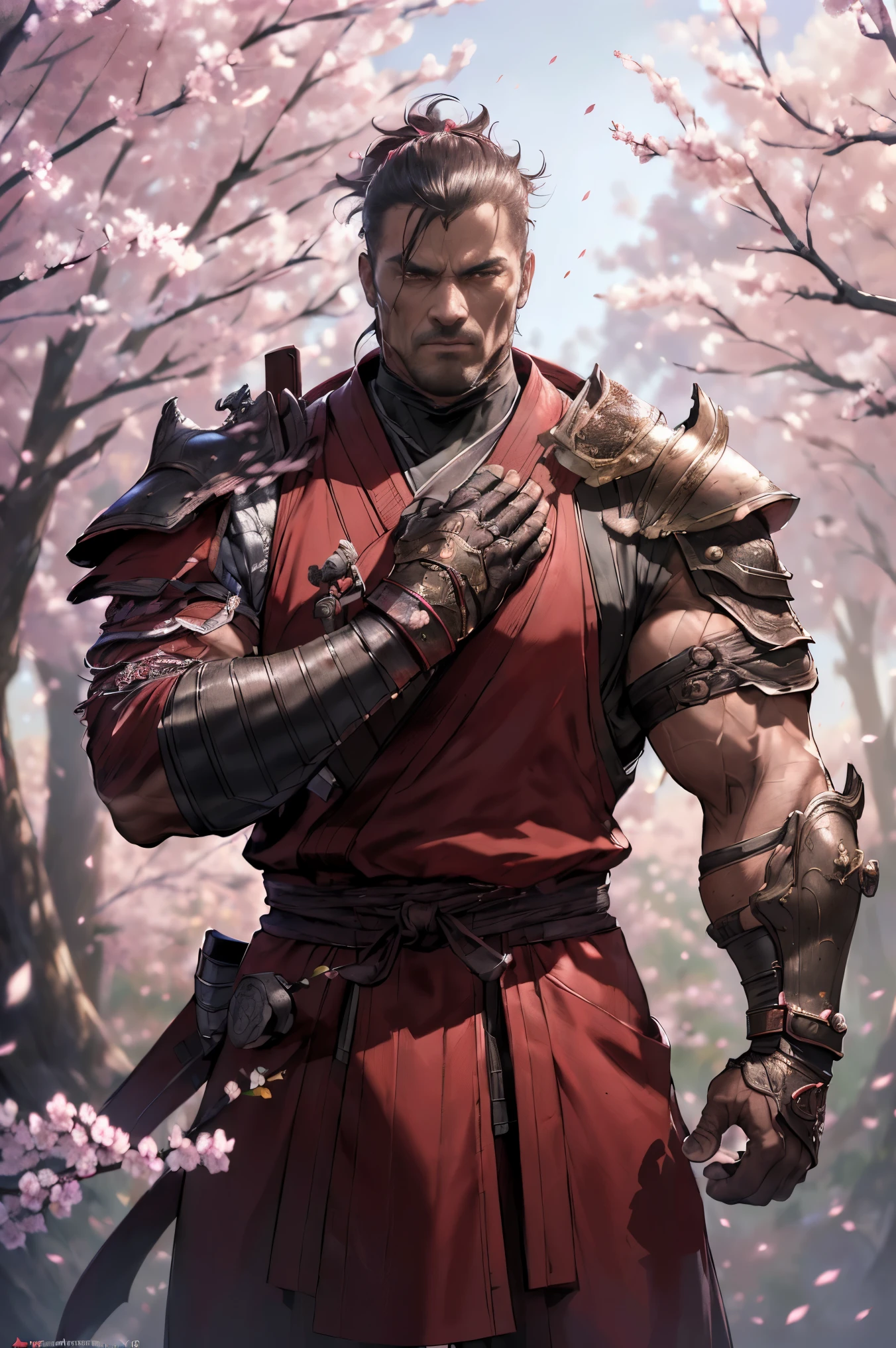 (best quality,4k,8k,highres,masterpiece:1.2),ultra-detailed,(realistic,photorealistic,photo-realistic:1.37),1 man,Mortal Kombat 1 fighter,wearing futuristic burgundy armor,samurai style,muscle body shape,karate pose,close up,empty hands,cherry blossoms falling in background,bokeh