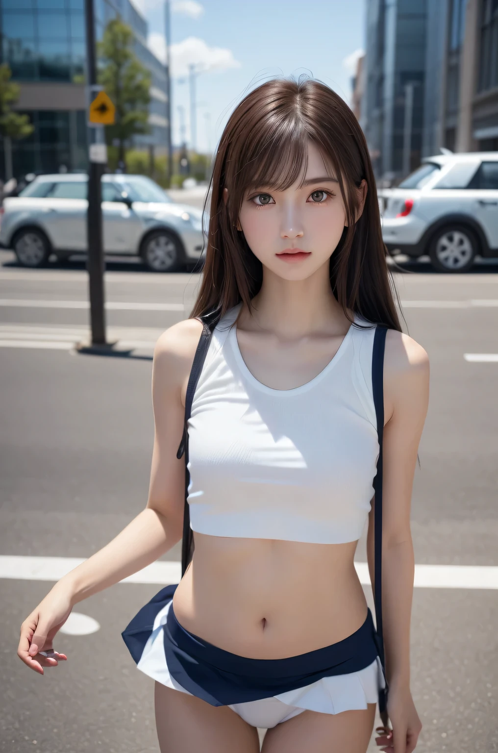 A woman in a white top and blue shorts is walking down the street - SeaArt  AI