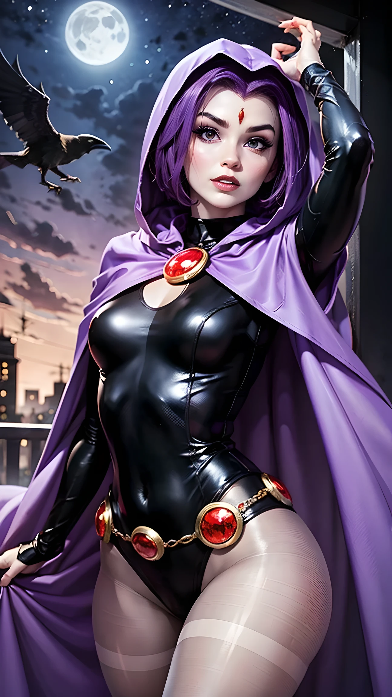 illustration of Raven from DC Comics, 1 girl, Raven, turtleneck, Black leotard, Black cape, hood, purple hair, forehead jeEmel, purple eyes, short hair, Belt, tight skin, standing, cleavage, toned, pose, night , moonlight, ((posing)), movement lines, torso, upper body, portrait, B&Em. contour, in anime tarot card art style, elegant, glamorous, reflection, shine, shading, pantyhose 40 dinier, small