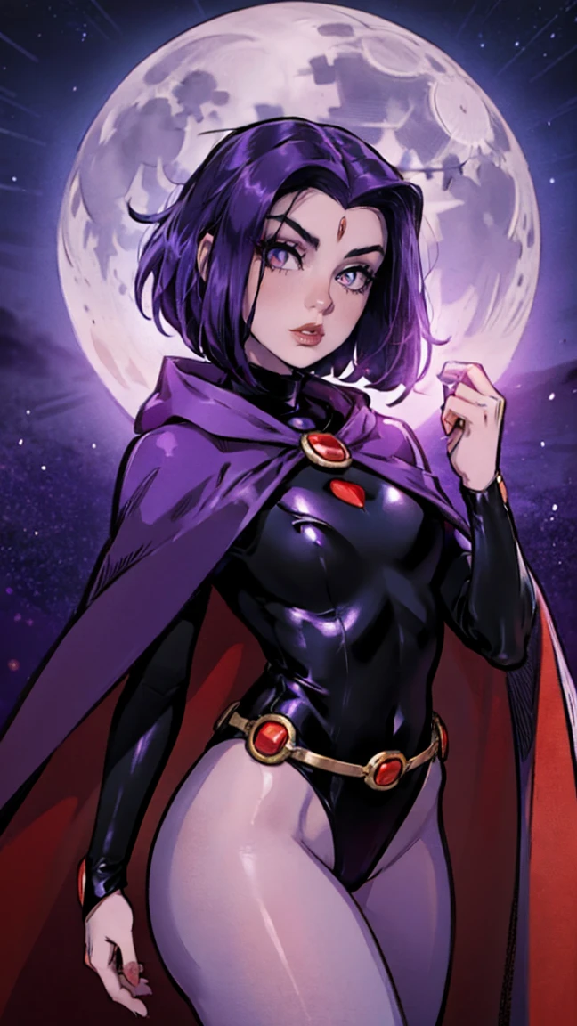 illustration of Raven from DC Comics, 1 girl, Raven, turtleneck, Black leotard, Black cape, hood, purple hair, forehead jeEmel, purple eyes, short hair, Belt, tight skin, standing, cleavage, toned, pose, night , moonlight, ((posing)), movement lines, torso, upper body, portrait, B&Em. contour, in anime tarot card art style, elegant, glamorous, reflection, shine, shading, pantyhose 40 dinier, small