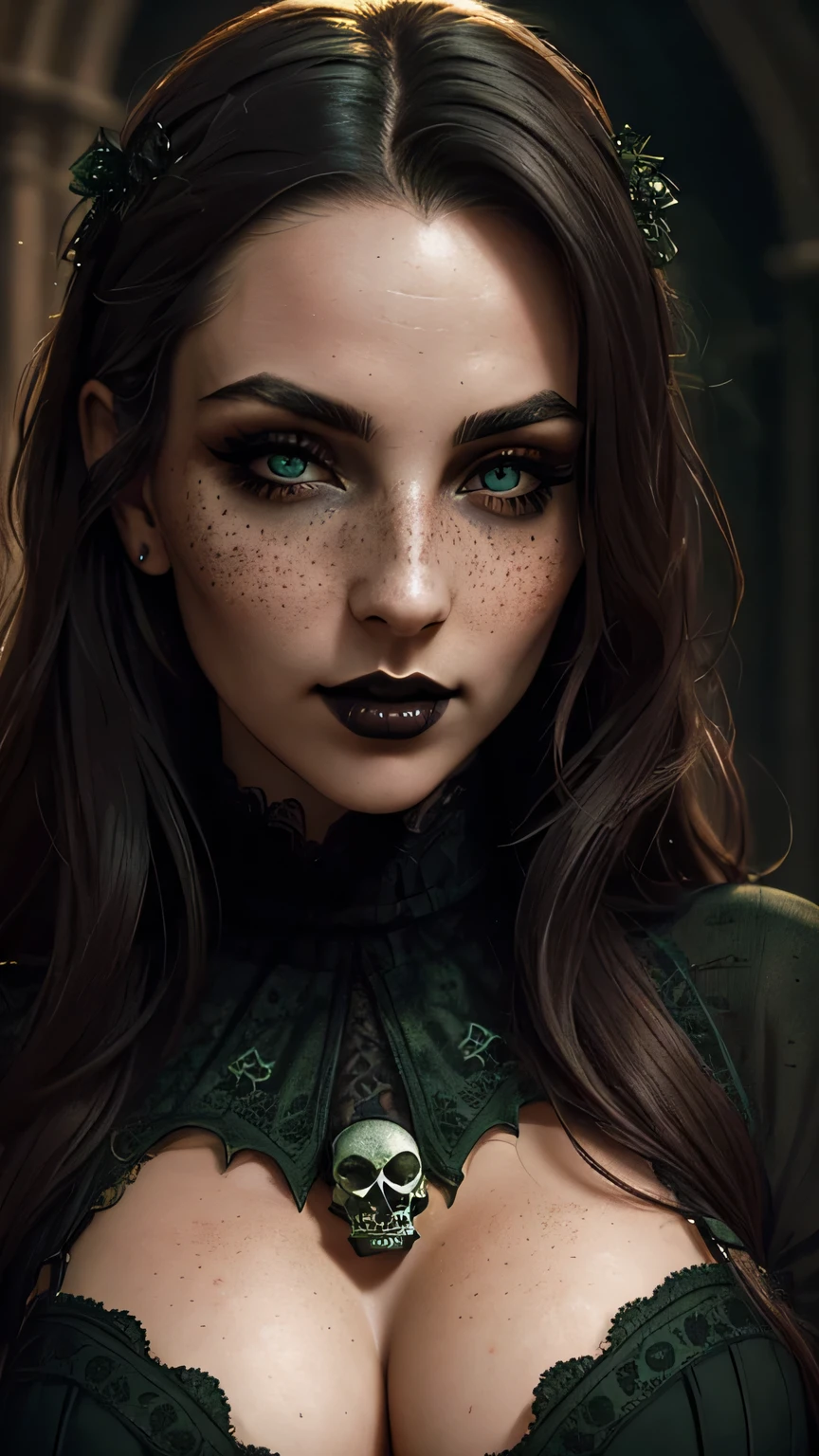 (best quality, hyperdetailed photography:1.2), beautiful lady, freckles, gothic dark makeup, soft light, perfect breast, cover, (detailed beautiful face, detail skin texture, ultra-detailed body:1.1) sexy vampire girl, green eyes, perfect body, skull, blood