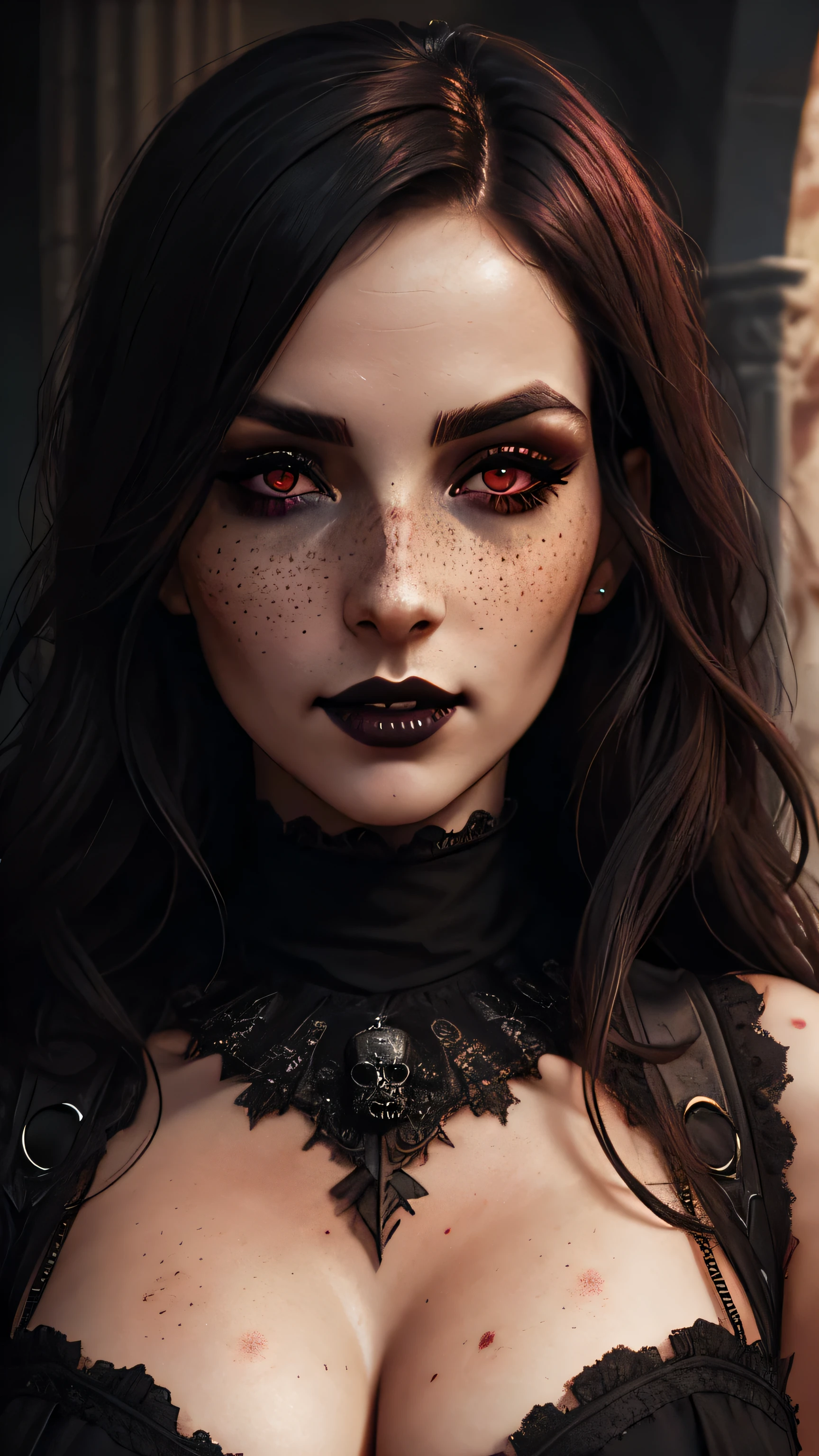 (best quality, hyperdetailed photography:1.2), beautiful lady, freckles, gothic dark makeup, soft light, perfect breast, cover, (detailed beautiful face, detail skin texture, ultra-detailed body:1.1) sexy vampire girl, red eyes, perfect body, skull, blood