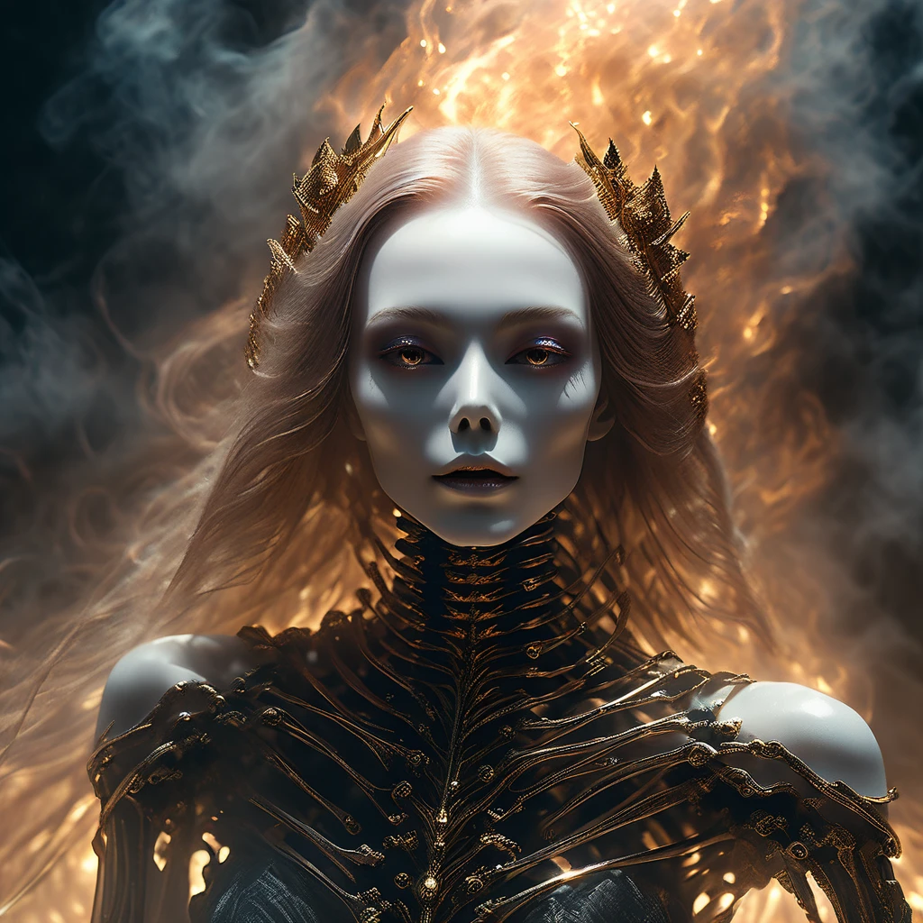 highly detailed, cinematic photo, dark theme, high contrast, full body shot, illustration, masterpiece, very beautiful face, eerie, smoke, epic, cyborg, 1girl, humanoid robot girl, human face, skeleton frame, long flowing pale crimson translucent hair, leaning on her back, renaissance era, universe backdrop, gold, silver, ethereal otherworldly wraith-like, specter silhouette, demon, monster