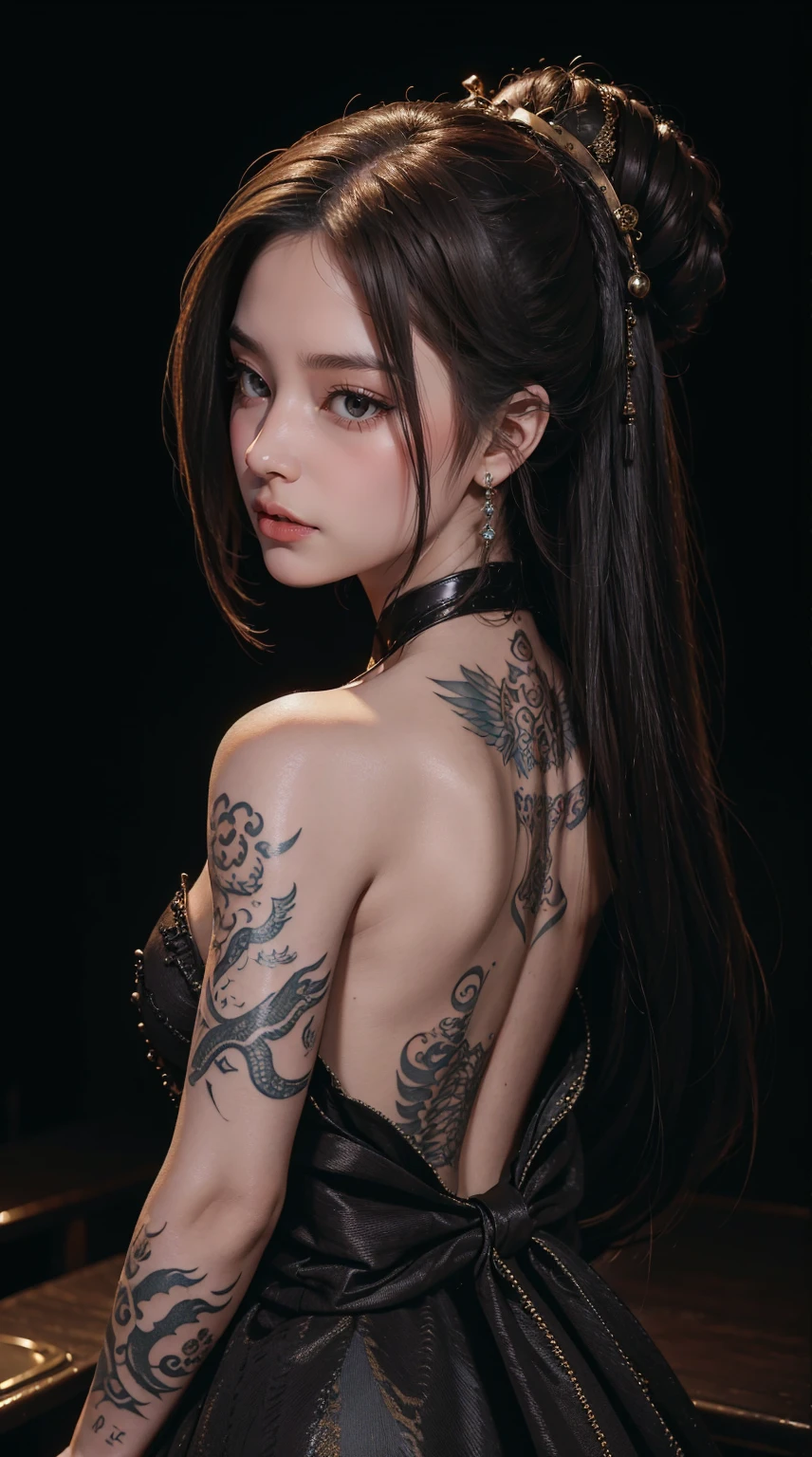 ((Masterpiece, Wlope style, Artwork, Portrait, Half body)) Beautiful and elegant yakuza girl DRAMATICALLY looking at her right side, no top dress, Big Dragon Tattoo at back, Detailed mask Background, Dark Ambient Lighting, Shot taken from back, Fantasy, Detailed tattoo