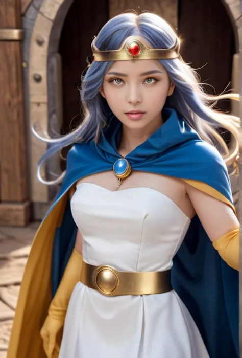 dqsage movie action shot of a young girl with long hair in a blue cloak and white dress, yellow gloves, blue hair, (close), dram...