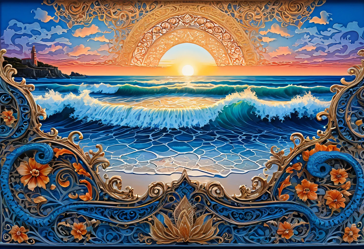 A two-layer painting with the effect of surreal volume by superimposing layers with different styles, a surreal grotesque image ((Blue Coast)) at sunset on one layer surrounded by an elegant intricate patterned edging made by the second layer, the combination of two layers creates the illusion of volume, canvas, acrylic, clarity, filigree