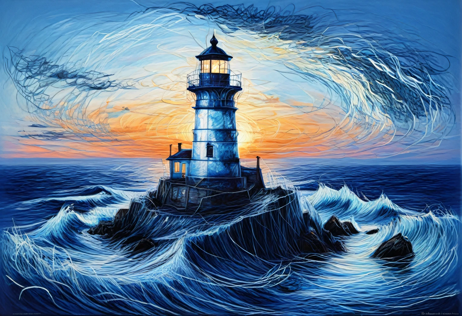 A two-layer painting with the effect of surreal volume by superimposing layers with different styles, a surreal grotesque image ((Blue Coast)) at sunset on one layer surrounded by an elegant intricate patterned edging made by the second layer, the combination of two layers creates the illusion of volume, canvas, acrylic, clarity, filigree