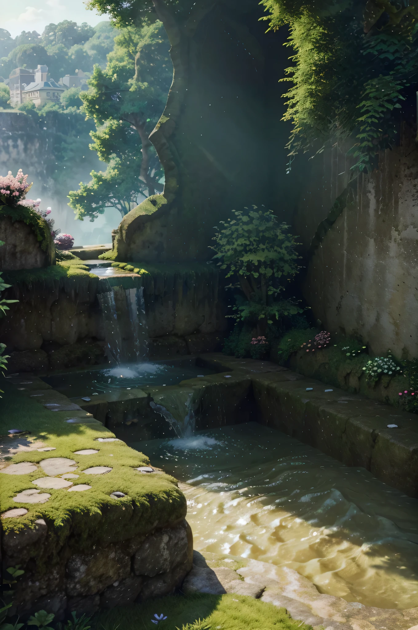 blazer(simple background:1.2), (isometric 3d art of floating rock citadel),  cobblestone, flowers, verdant, stone, moss, fish pool, (waterfall:1.2), cottage , sunset