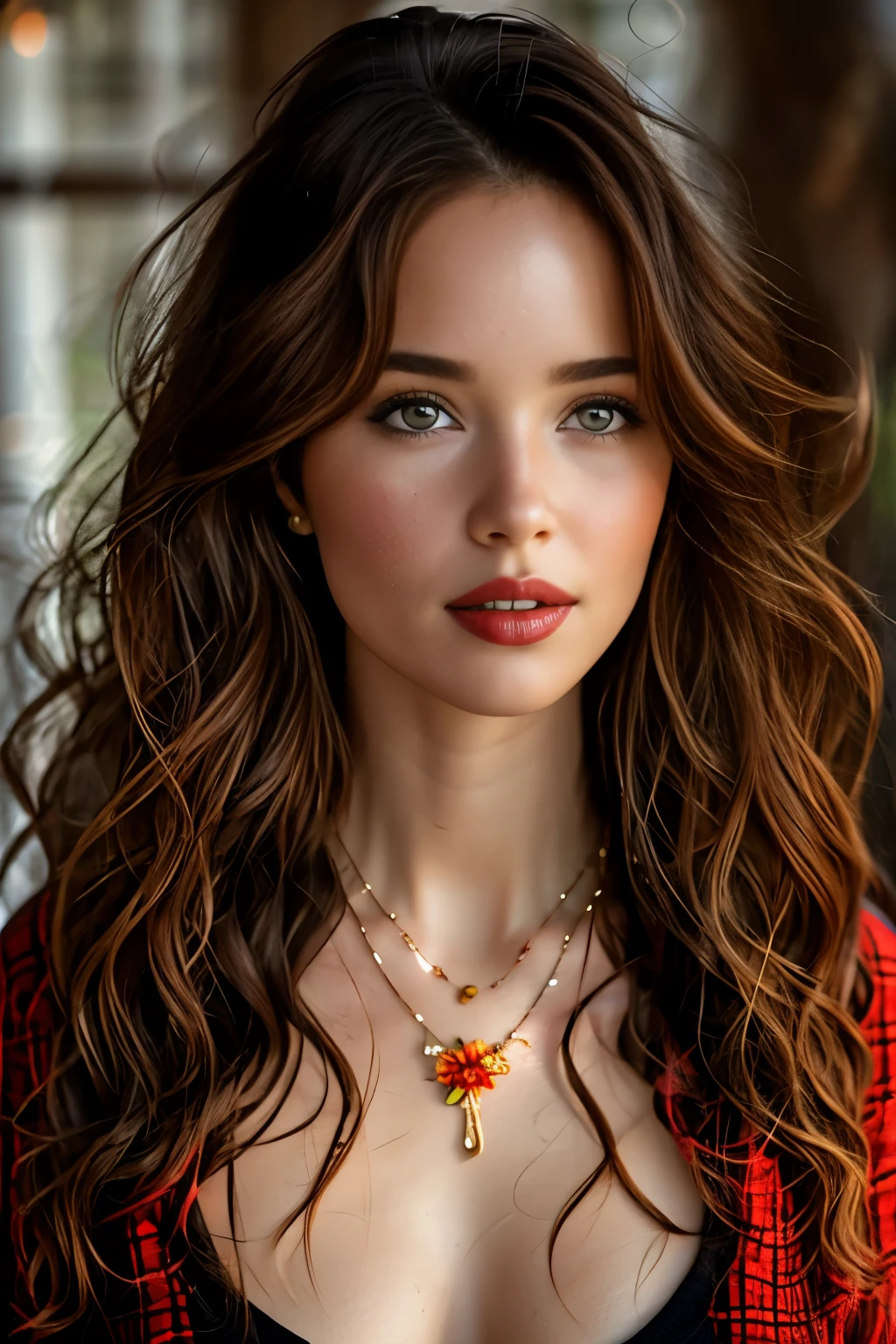 1girl,solo,long hair,breasts,looking at viewer,brown hair,dress,cleavage,brown eyes,jewelry,medium breasts,collarbone,upper body,flower,red hair,earrings,parted lips,necklace,blurry,lips,plaid,makeup,wavy hair,nature,curly hair,realistic