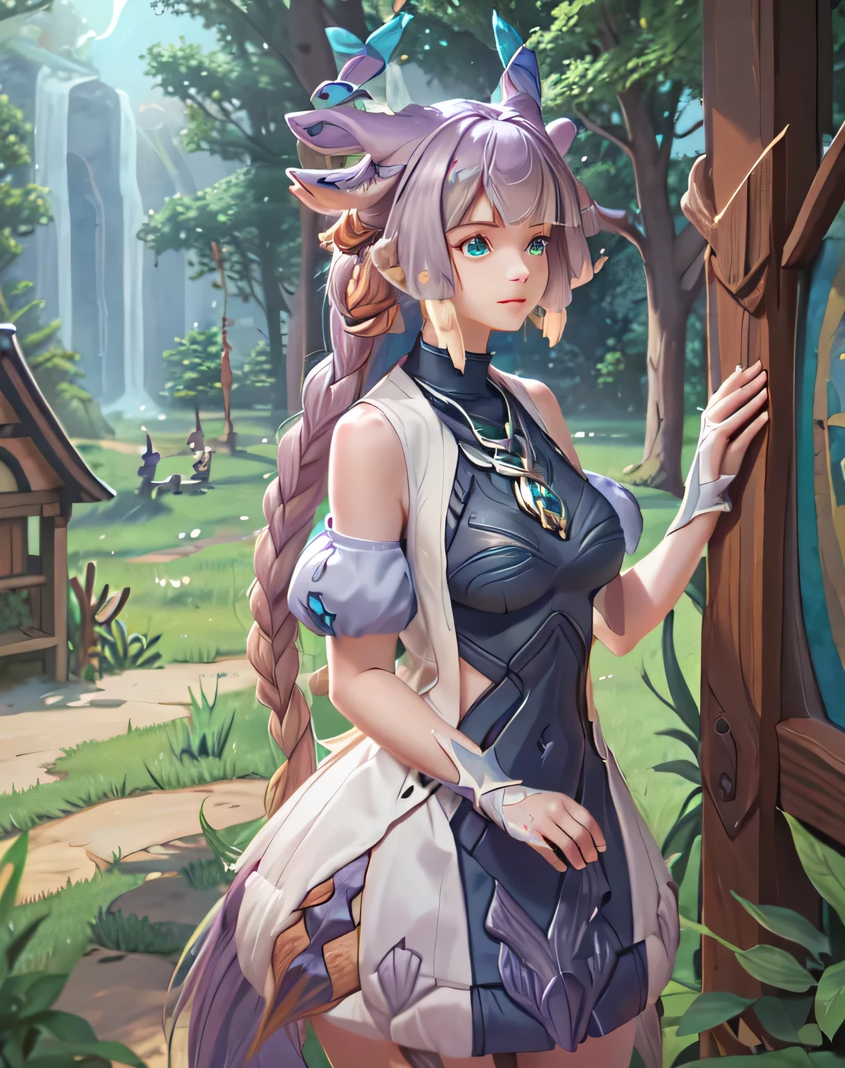 ((big breasts)), 1girl, solo, long hair, blue eyes, large breasts, dress, bare shoulders,  very long hair, purple hair, braid, sleeveless, mole, mole under eye, turquoise necklace, horn, forest, magic world, trees, flowers, animals, dwarves' house, dream, deer, (masterpiece,best quality:1.5)