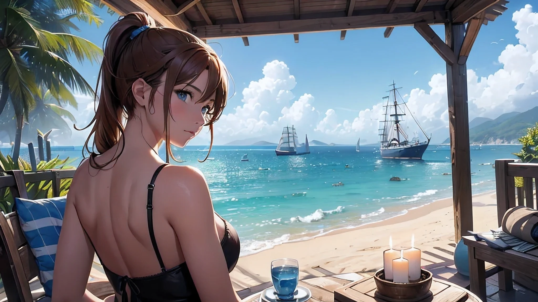 (8k, RAW photo, Best Quality, (masterpiece, super high quality, Super detailed), anime style landscape, young girl, Absolute, scarlet sails, girl looking at the sea from the coast, camera looking at the sea, intricate details, sailing ship with scarlet sails, A scene from a novel by Alexander Greene. "scarlet sails" half body image, A beautiful women posing for a photograph in an alley, brown ponytail, hits, happy laugh, blue eyes, muscular lean body, Perfect anatomy, Looking to the camera, Time of the day, blue sky, animated style, outdoor, trend in artstation, Oh!, very sensual sakimichan, with original clothing full body, very realistic, extremely realistic, extremely sexy, 8k, Extremely detailed 8k), (an extremely delicate and beautiful), (masterpiece), (Best Quality: 1.0), (ultra high resolution:1.0)