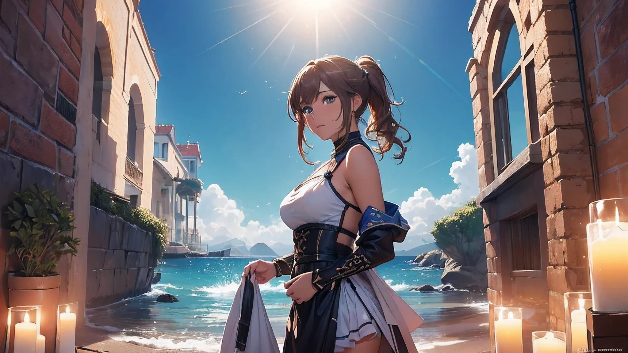 (8k, RAW photo, Best Quality, (masterpiece, super high quality, Super detailed), anime style landscape, young girl, Absolute, scarlet sails, girl looking at the sea from the coast, camera looking at the sea, intricate details, sailing ship with scarlet sails, A scene from a novel by Alexander Greene. "scarlet sails" half body image, A beautiful women posing for a photograph in an alley, brown ponytail, hits, happy laugh, blue eyes, muscular lean body, Perfect anatomy, Looking to the camera, Time of the day, blue sky, animated style, outdoor, trend in artstation, Oh!, very sensual sakimichan, with original clothing full body, very realistic, extremely realistic, extremely sexy, 8k, Extremely detailed 8k), (an extremely delicate and beautiful), (masterpiece), (Best Quality: 1.0), (ultra high resolution:1.0)