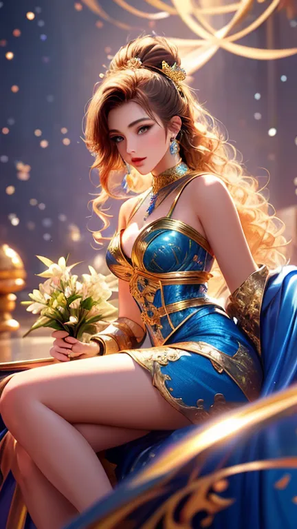 beautiful princess in blue and gold corset and suit, delicate face、detailed eyes and face、double eyelid、perfectly balanced face、...