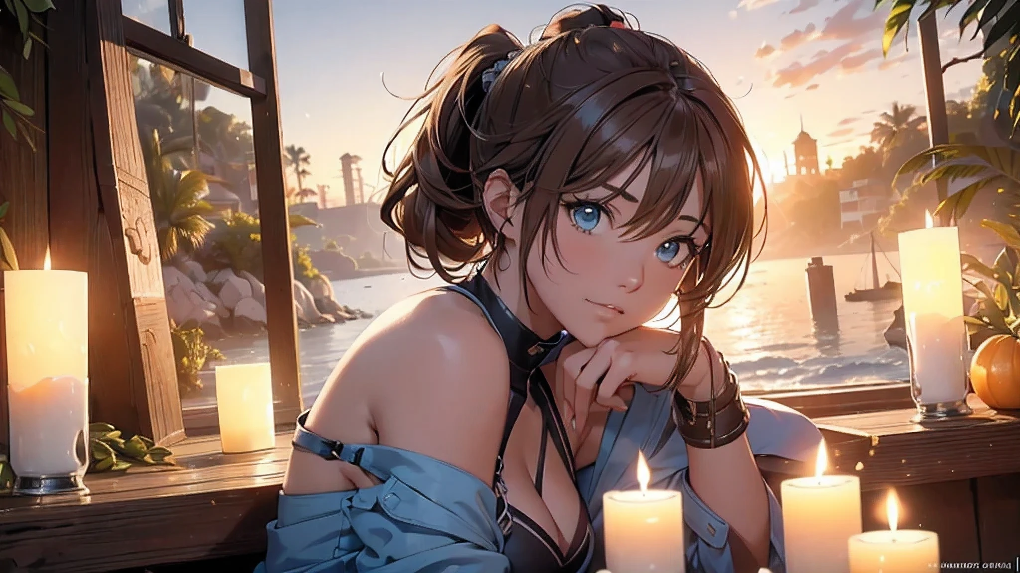 (8k, RAW photo, Best Quality, (masterpiece, super high quality, Super detailed), anime style landscape, young girl, Absolute, scarlet sails, girl looking at the sea from the coast, camera looking at the sea, intricate details, sailing ship with scarlet sails, A scene from a novel by Alexander Greene. "scarlet sails" half body image, A beautiful women posing for a photograph in an alley, brown ponytail, hits, happy laugh, blue eyes, muscular lean body, Perfect anatomy, Looking to the camera, Time of the day, blue sky, animated style, outdoor, trend in artstation, Oh!, very sensual sakimichan, with original clothing full body, very realistic, extremely realistic, extremely sexy, 8k, Extremely detailed 8k), (an extremely delicate and beautiful), (masterpiece), (Best Quality: 1.0), (ultra high resolution:1.0)