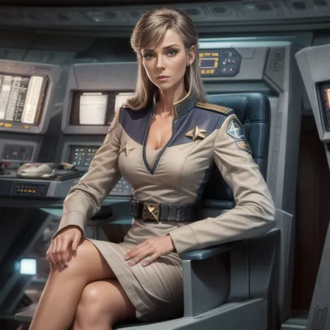 Female Starship Enterprise Officer sits in the command chair of her command station. Short tight uniform dress with deep V-neck,...