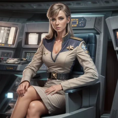 female starship enterprise officer sits in the command chair of her command station. short tight uniform dress with deep v-neck,...