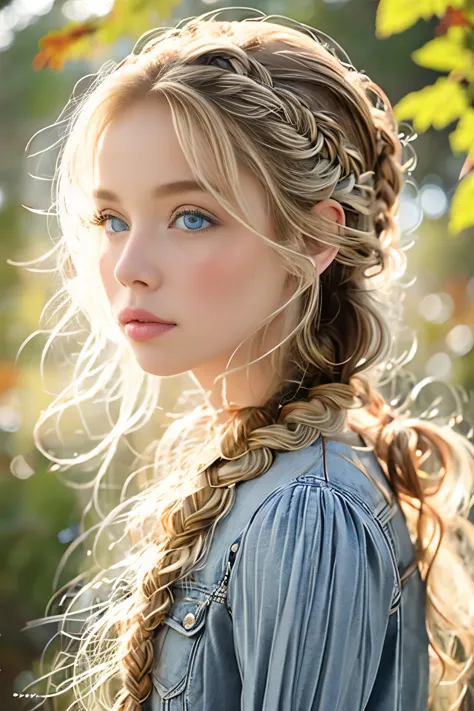 1girl,solo,long hair,looking at viewer,blue eyes,blonde hair,simple background,dress,closed mouth,upper body,braid,puffy sleeves,grey background,white dress,from side,lips,eyelashes,hair over shoulder,realistic,nose