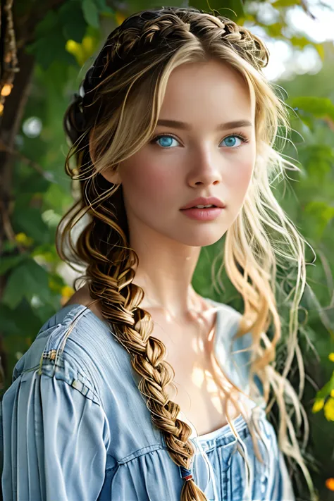 1girl,solo,long hair,looking at viewer,blue eyes,blonde hair,simple background,dress,closed mouth,upper body,braid,puffy sleeves...