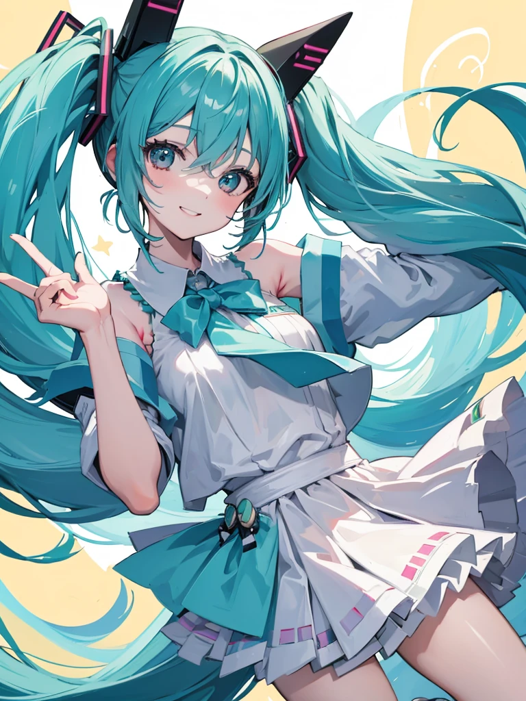 ((best quality)), 1girl, Hatsune Miku, lollipop, super happy, mouth open smile, peace sign hands, hands on eyes, arms up, starbeam background, hard lighting, super smile,, pigtails