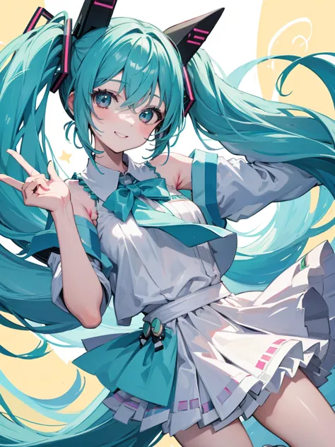 ((best quality)), 1girl, Hatsune Miku, lollipop, super happy, mouth open smile, peace sign hands, hands on eyes, arms up, starbe...