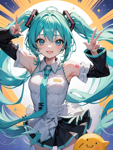 ((best quality)), 1girl, Hatsune Miku, lollipop, super happy, mouth open smile, peace sign hands, hands on eyes, arms up, starbe...