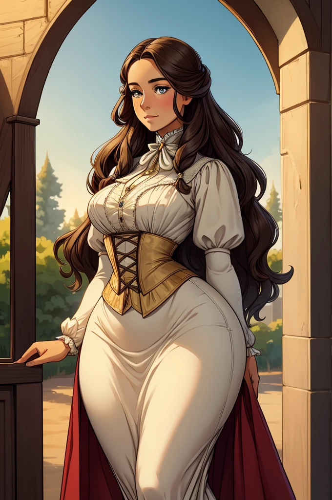 A beautiful Aristacrat woman with soft facial features who embodies old fashioned class, sophistication, elgance as well as wholesome, natural beauty. curvy, thin-waist, wide-hips, swaying-hips. Oppulent historically accurate victorian dress.
