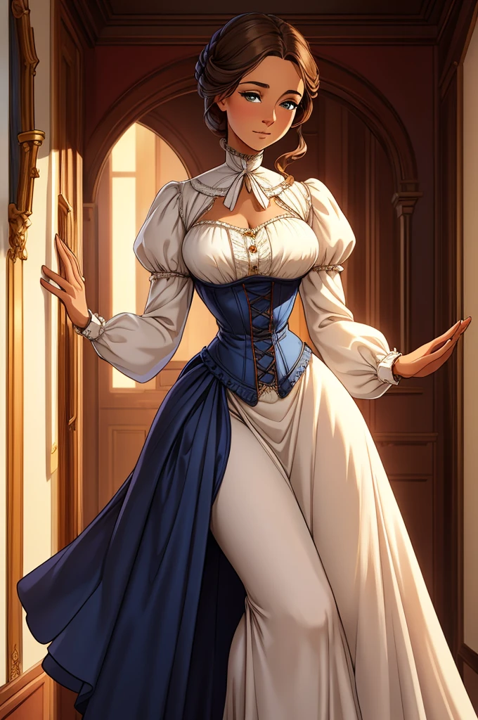 A beautiful Aristacrat woman with soft facial features who embodies old fashioned class, sophistication, elgance as well as wholesome, natural beauty. curvy, thin-waist, wide-hips, swaying-hips. Oppulent historically accurate victorian dress.
