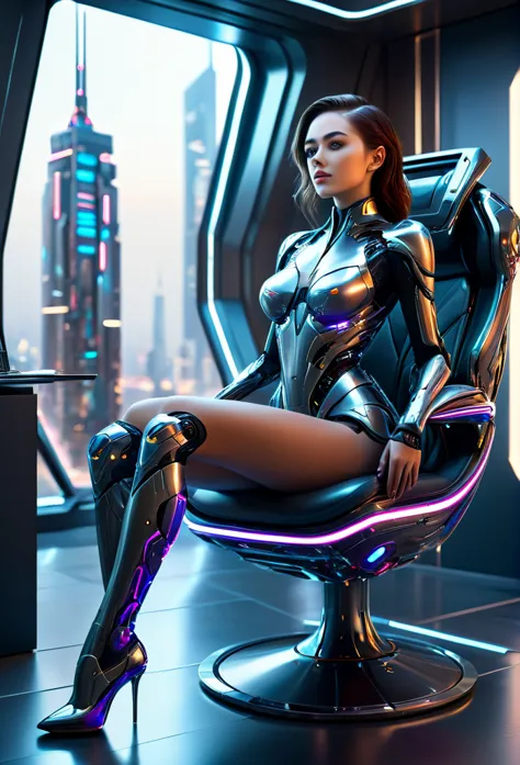 (high quality, ultra-detailed, photorealistic)(office interior, skyscraper:1.2,big city) A female cyborg sitting leisurely in a ...