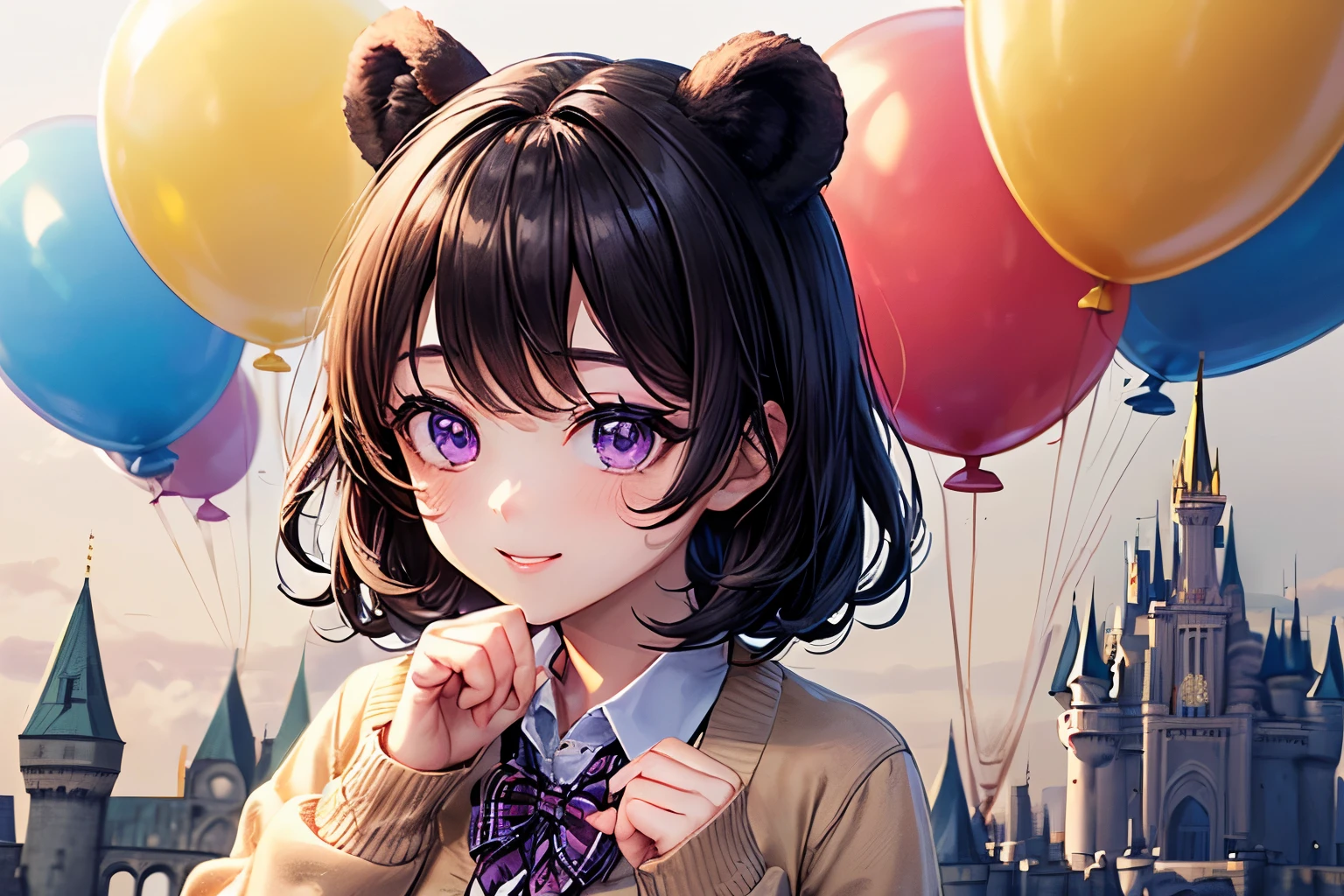 ((Worst quality, low quality)), Mastepiece,Best Quality,Super detailed,masterpiece, (Cinderella Castle:1.3), (Background of a castle in a theme park with lots of flying balloons:1.2), ((Close-up)), ((Face Focus)), ((Black bear ears kemonomimi girl:1.2)), Solo, ((Very Very Short Black Hair:1.3)), Plump and glossy lips, (Beautiful purple eyes:1.3), Spoken Heart, (The best smile), Spoken Heart, (Cute Pose:1.2), (School uniform:1.2), (Beige cardigan fits the body:1.4), ((Long sleeves, Sleeves past the wrist):1.2), (Perfect hands:1.4), (White collar shirt underneath:1.3), ((Button up, Not loose):1.5),(Red checkered pleated skirt:1.3), ((Dark Brown Pantyhose Afers):1.2), Best Quality, masterpiece, 32k,