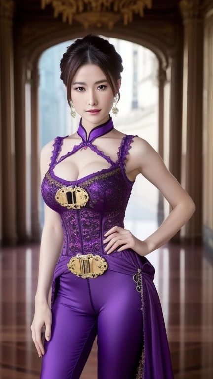 Purple Spandex Cheongsam, Perfect Face, With the backdrop of a complex French palace including gardens, One girl, masterpiece, Perfect Face,  steampunk mini skirt , ((Really intricate steampunk background)), masterpiece, Surrealist, A red dress with really intricate details , A really complicated background, , masterpiece, Surrealist, A red dress with really intricate details , A really complicated background