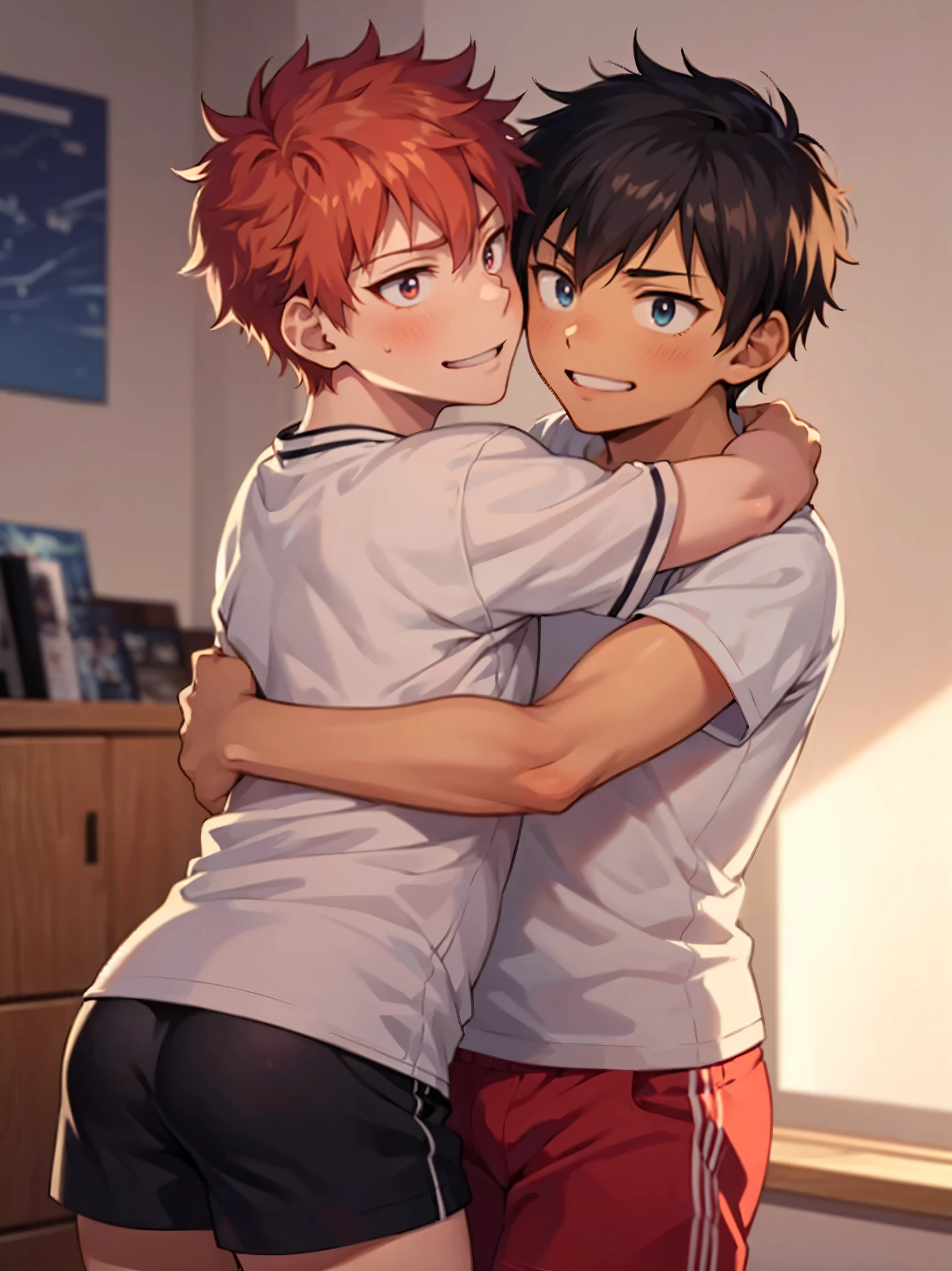 2 boy,hug from behind,(eye contact:1.5),18 years old,(Plain shirt,shorts),happy smile,upper body,messy room,(detailed eyes)shiny skin,detailed skin,detailed face,(masterpiece,best quality:1.4),Top Quality,High quality,Ultra detailed,insanely detailed,beautiful,anime style