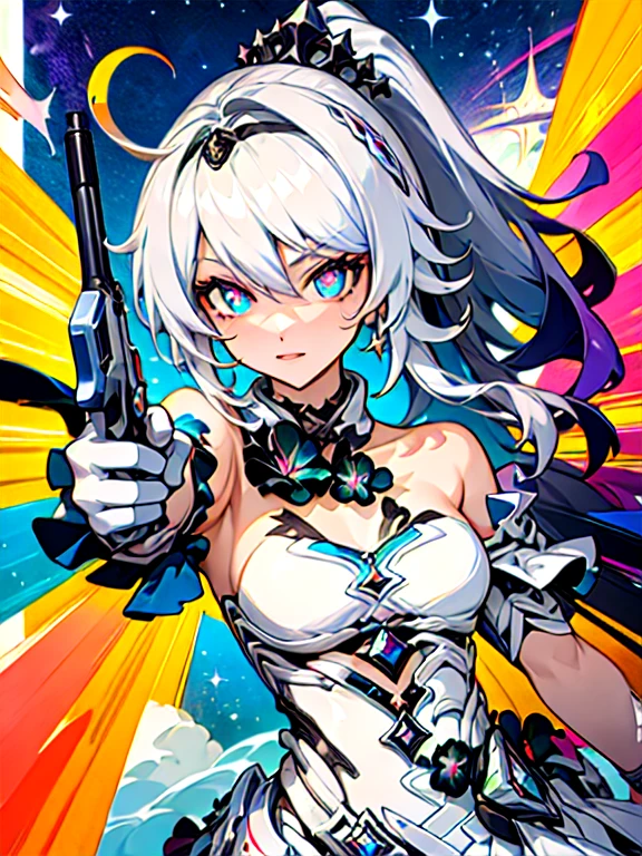 (masterpiece), best quality, expressive eyes, perfect face, 1girl, (kiana kaslana from honkai impact), looking at viewer, starrystarscloud, colorful, more prism, vibrant, colorful, badass art, (pointing gun at viewer), pointing gun at viewer, starrystarscloudcolorful, herrscher of finality, ponytail, hair ornament, white dress, gloves, shooting at viewer 