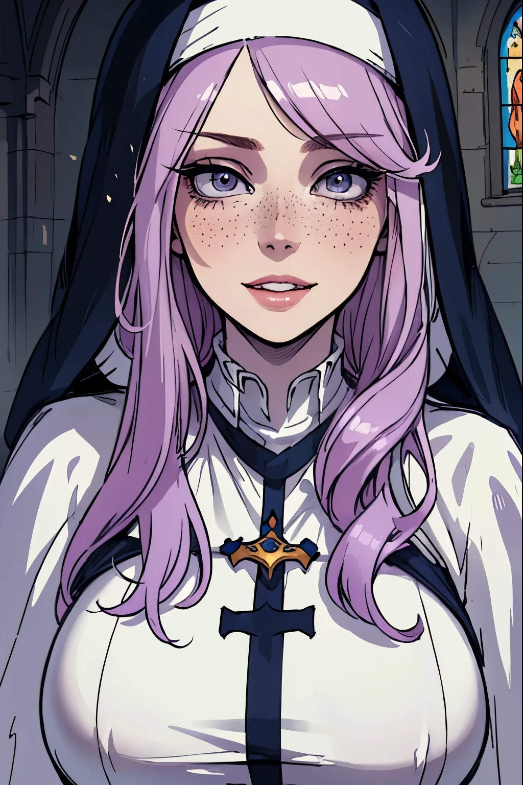 
Masterpiece, best quality, motherly, excited expression, portrait, nun, pale skin, hand in front of  mouth, happy expression, wide-eyed, pink full lips, nun habit, freckles, lavender hair, church setting,