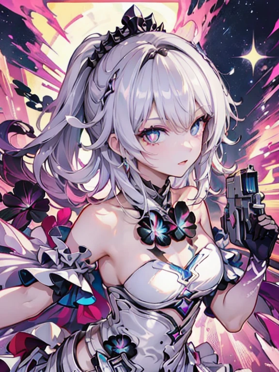 (masterpiece), best quality, expressive eyes, perfect face, 1girl, (kiana kaslana from honkai impact), looking at viewer, starrystarscloud, colorful, more prism, vibrant, colorful, badass art, (pointing gun at viewer), pointing gun at viewer, starrystarscloudcolorful, herrscher of finality, ponytail, hair ornament, white dress, gloves, shooting at viewer 