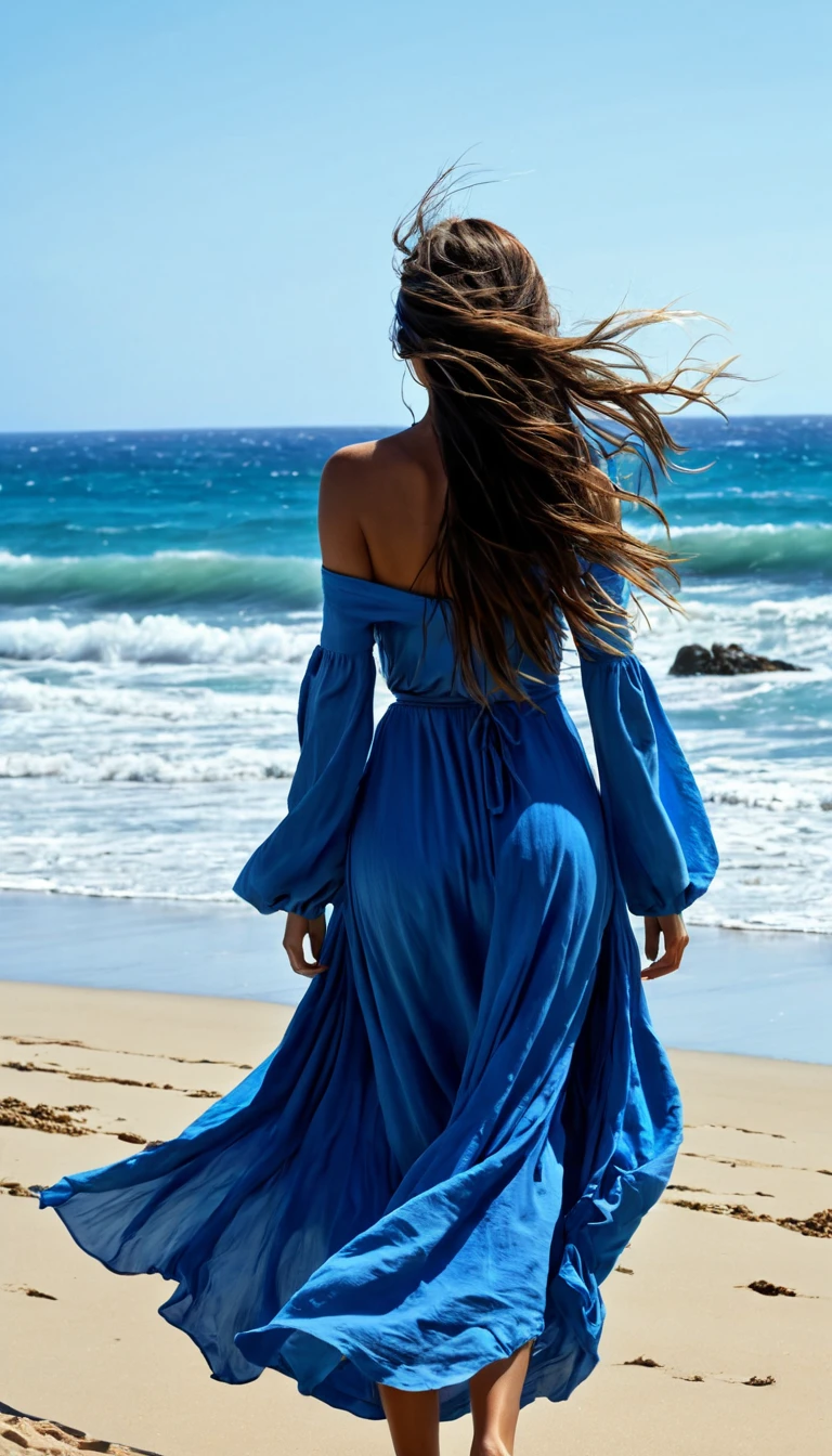 (masterpiece, top quality, best quality, photorealistic, official art, beautiful and aesthetic:1.2), A woman walking along the coast, looking out to blue sea, a very strong tailwind blowing strongly, long hair and clothes heavily disheveled, hair blows in the face, hair covers the face, colorful clothes, a beautiful front silhouette, HDR,bokeh,,fine art photography, front to viewer