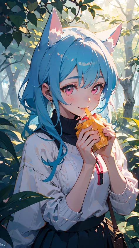 16-year-old girl、light blue hair、dog ears、pink eyes、smile、small breasts、skirt、colorful knitwear、in the forest、morning、upper body...