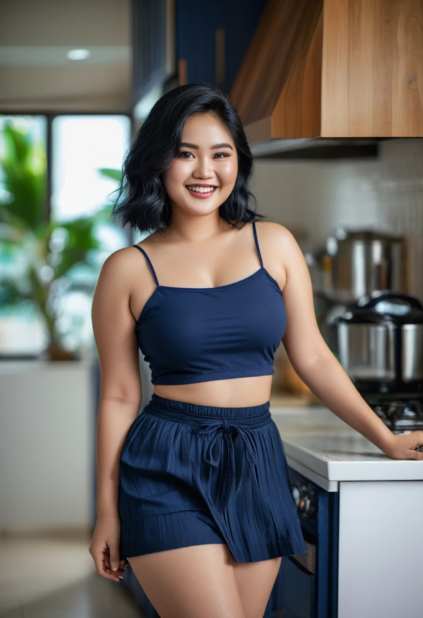 Indonesian Woman, age 20, dreamy white skin, a bit chubby, happiness, muscular body, wearing dark blue string crop top dress, dark blue very shorts pants, medium wave black hair, barefoot, living room scene, seduce pose on CANON 5D Mark IV, 135mm Lens, Depth of Field, intricately detail, hyperrealistic texture, focused, photography, white colour lighting tone.