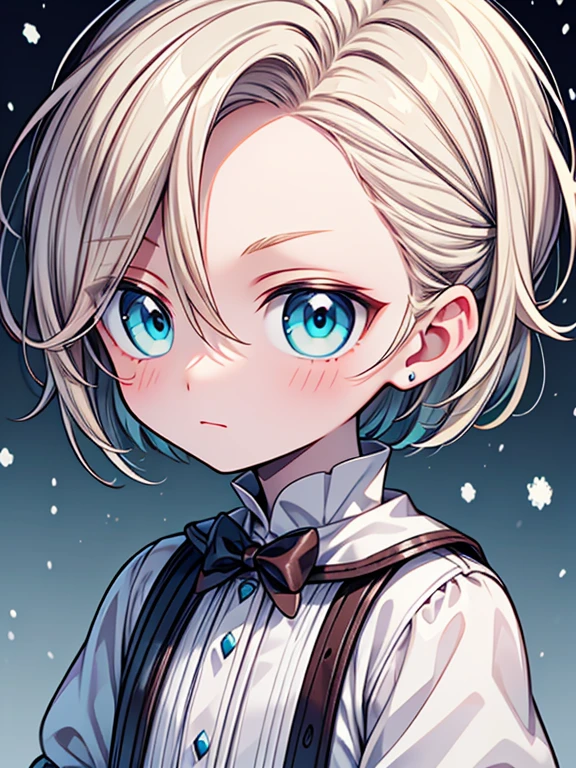 Masterpiece High res, high definition, pale skin male, has snow white skin, has platinum blond hair and cyan eyes. His hair is styled in short bob cut with several small fringes over his forehead, super effeminate femboy, wearing a white clothing, close up
