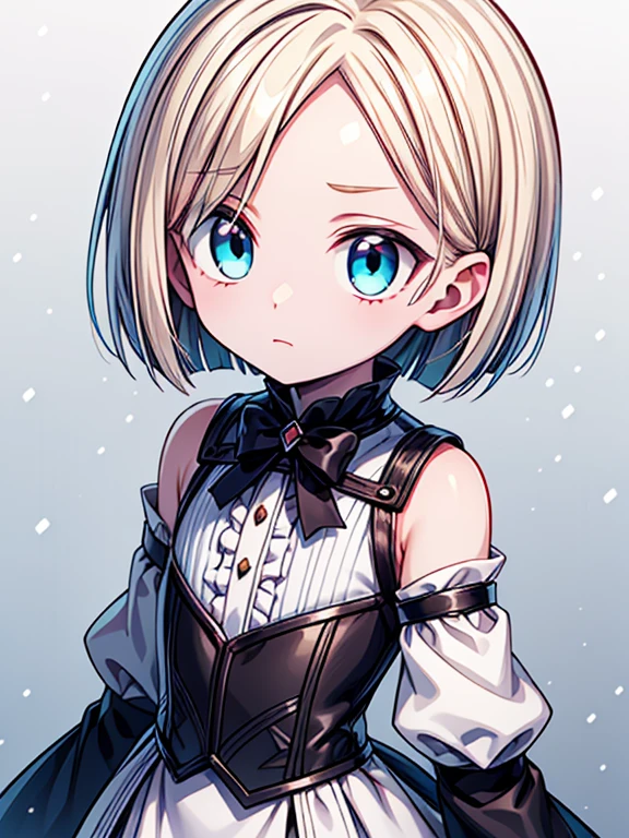 Masterpiece High res, high definition, pale skin male, has snow white skin, has platinum blond hair and cyan eyes. His hair is styled in short bob cut with several small fringes over his forehead, super effeminate femboy, wearing a white fancy clothing, close up
