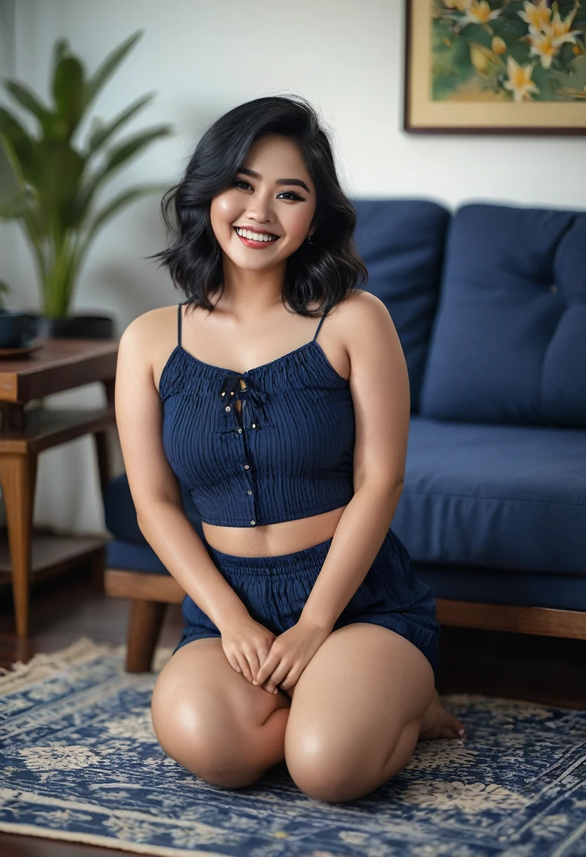 Indonesian Woman, age 20, dreamy white skin, a bit chubby, happiness, muscular body, wearing dark blue string crop top dress, dark blue very shorts pants, medium wave black hair, barefoot, living room scene, seduce pose on CANON 5D Mark IV, 135mm Lens, Depth of Field, intricately detail, hyperrealistic texture, focused, photography, white colour lighting tone.