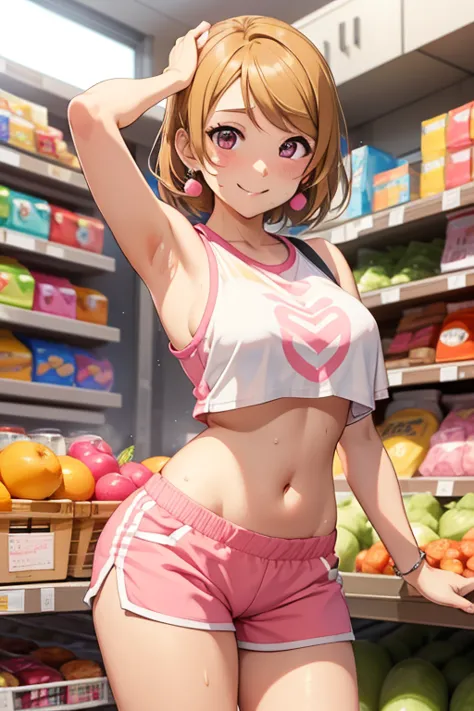 koizumi_hanayo,pink Crop top, white tight shorts,sweaty,red face,blunt hair,curvy body, standing in supermarket , exposed armpit...