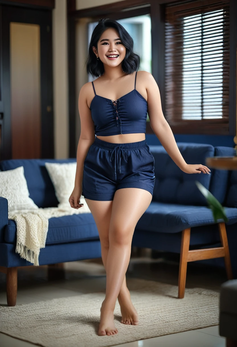 Indonesian Woman, age 20, dreamy white skin, a bit chubby, happiness, muscular body, wearing dark blue string crop top dress, dark blue very shorts pants, medium wave black hair, barefoot, living room scene, seduce pose on CANON 5D Mark IV, 135mm Lens, Depth of Field, intricately detail, hyperrealistic texture, focused, photography, white colour lighting tone.