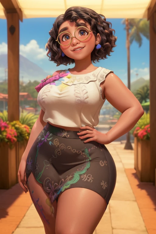 mirabel madrigal,  copos, Sorriso, ((sleeveless sweater)), fundo do mercado, (((pencil skirt))), (((pele marrom))), pele detalhada, pernas perfeitas, coxas perfeitas, (((curvy body))) thicc big booty milf naked