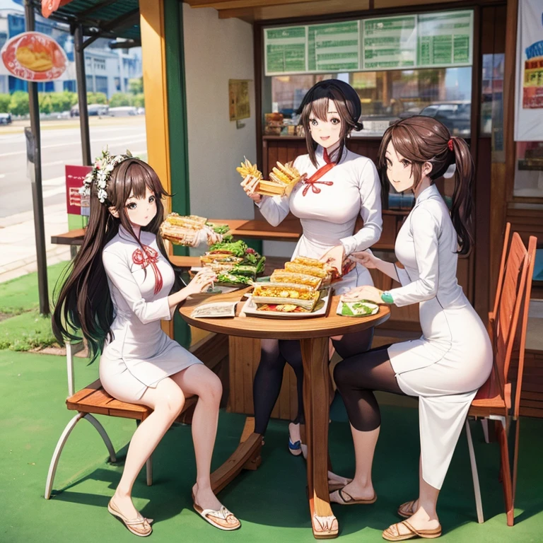 Vietnamese people wearing ao dai　Eating banh mi at a Vietnamese food stall