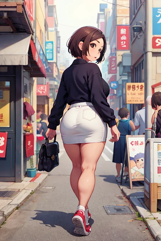 masterpiece, best quality,1girl,young girl,brown eyes,short hair,mesugaki smile,shiny skin,(nice leg line:1.3),thick thighs,thin waist,huge breasts
BREAK
,ribborn,((pencil skirt)),sneakers
BREAK
store,crowd,depth of field,looking at viewer,from behind,full body,legsupsexms