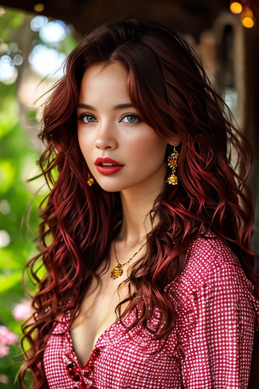 1girl,solo,long hair,breasts,looking at viewer,brown hair,dress,cleavage,brown eyes,jewelry,medium breasts,collarbone,upper body,flower,red hair,earrings,parted lips,necklace,blurry,lips,plaid,makeup,wavy hair,nature,curly hair,realistic