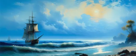 (((Blue coast, low tide))), high quality, masterpiece,((Ivan Aivazovsky style)), clear day, marinism, oil painting knife, ((best...