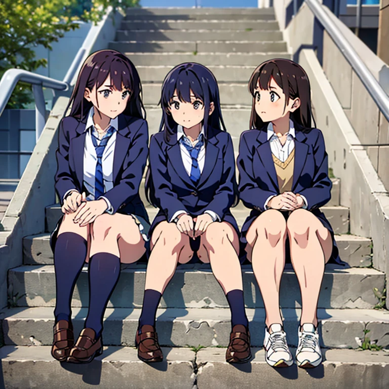 highest quality, Ultra-high resolution, (Realistic: )2D official style cel animation,((three girls sitting in a row))Navy blazer、Navy blue mini skirt,(Lace panties),loose socks,sneakers,Full body portrait,(From below),Station stairs,sunny,Embarrassed face,Spread your legs、from the front