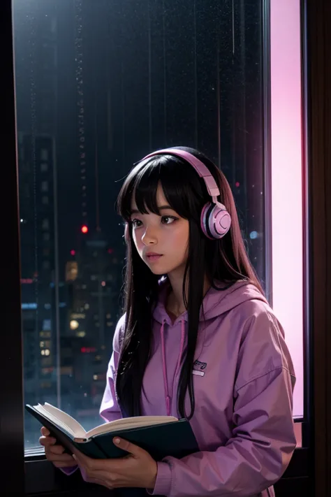 girl, black hair, headphones, reading a book, comfortable and welcoming environment. Environment with the colors black, purple, ...